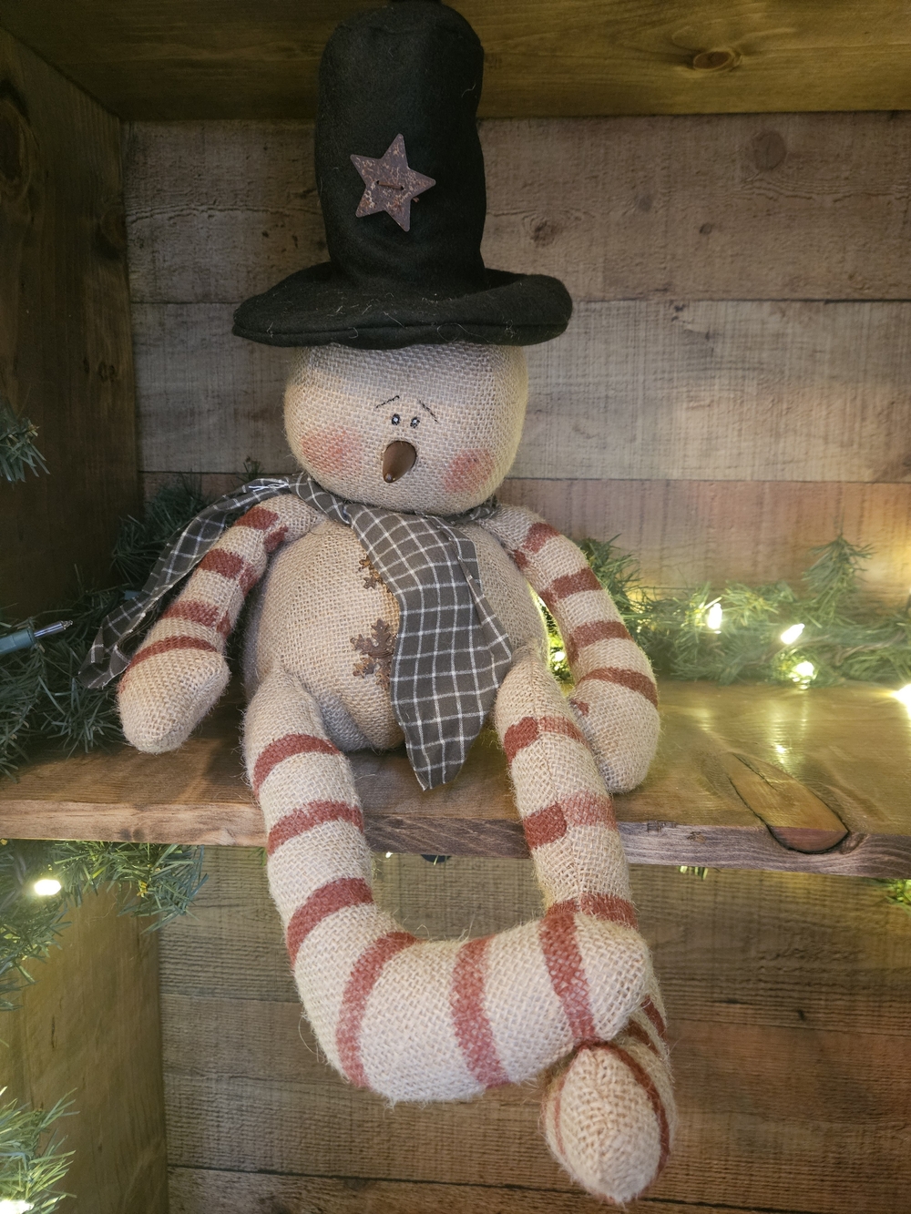 Handmade Rustic Snowman Doll - Cream & Red Striped, Decorative Holiday Plush